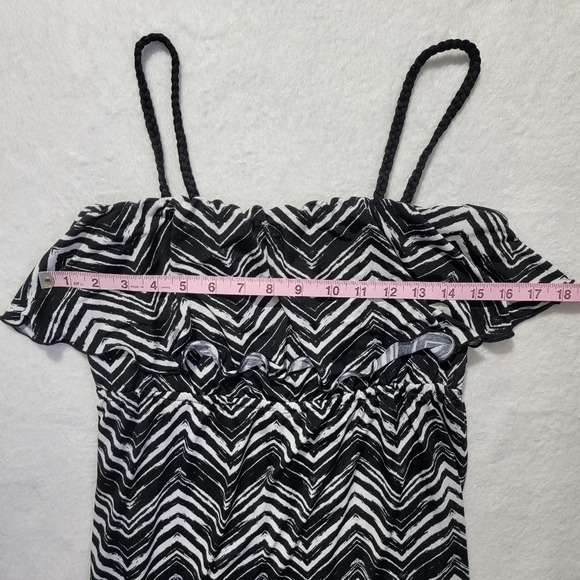 J Valdi Black White Chevron Sleeveless Maxi Dress Braided Staps Flutter Ruffle L - Picture 11 of 13